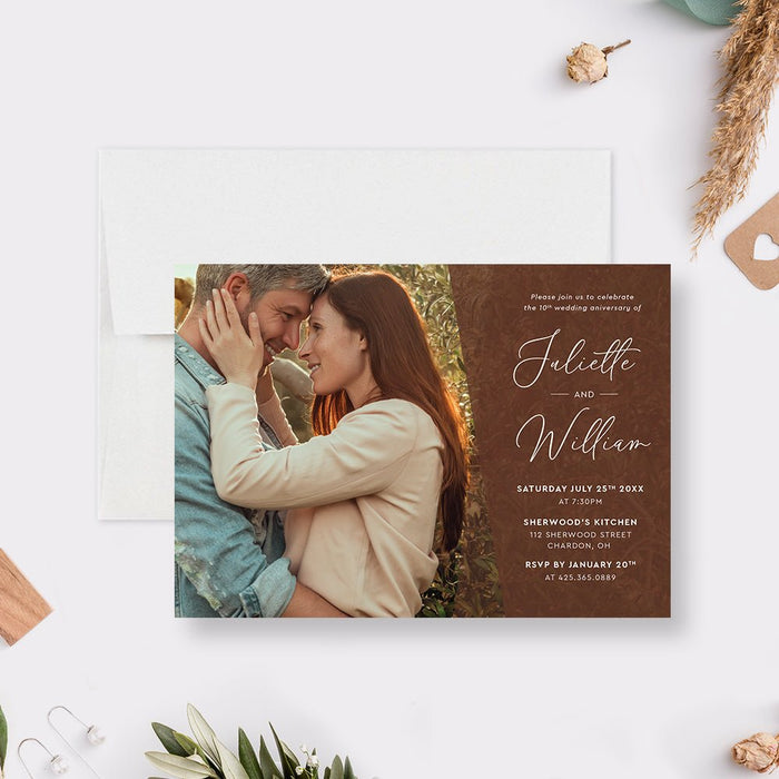 10th 20th 30th 40th Wedding Anniversary Invitation with Romantic Photo, Marriage Anniversary Invites, Vow Renewal Invites with Photo, Simple Wedding Anniversary in Chocolate Brown