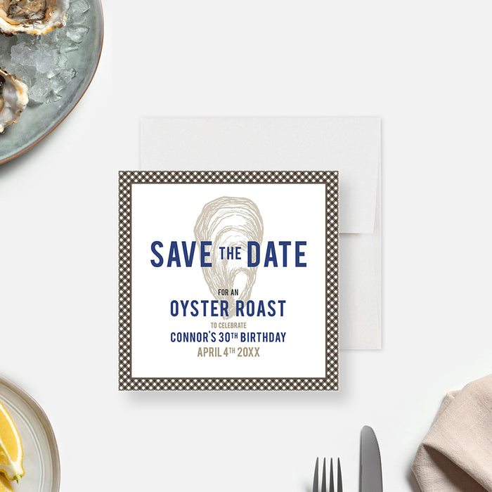 Oyster Roast Birthday Party Save the Date Card with Plaid Design, Save the Dates for Seafood Party Celebration