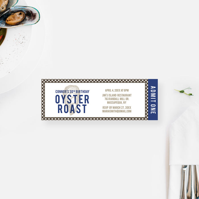 Oyster Roast Birthday Party Ticket Invitation with Plaid Design, Seafood Celebration Ticket Invites for 21st 25th 30th 40th 50th Birthday Bash