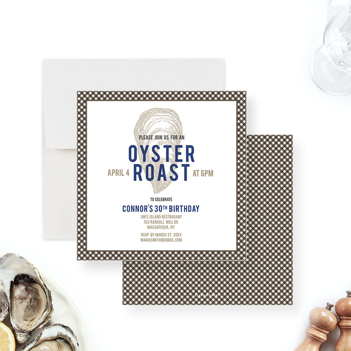 Oyster Roast Birthday Party Invitation Card with Plaid Design, Oyster Fest Celebration, Seafood Bar Invite