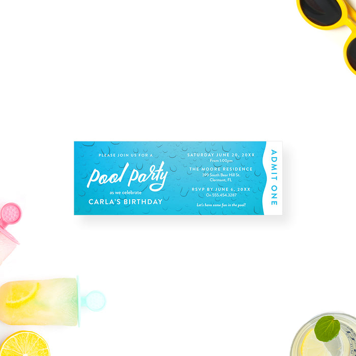 Fun Pool Party Ticket Invitation For Kids, Summer Pool Party Invitation Card for Children, Swimming Birthday Party Ticket Invites with Cool Water Droplets