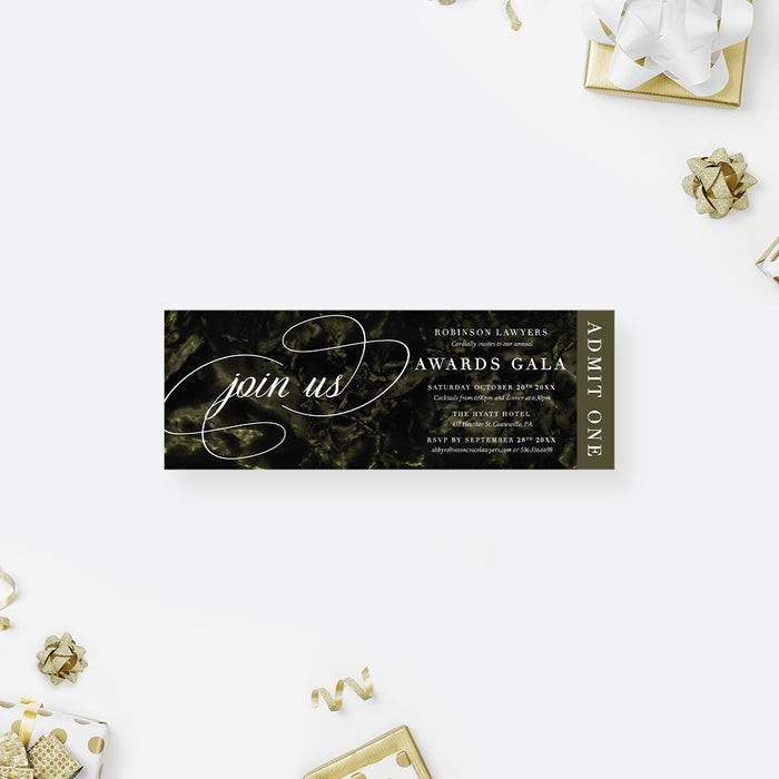 Dark Marble Ticket Invitation for Annual Awards Gala, Elegant Ticket for Corporate Banquet, Ticket Invites for Business Function