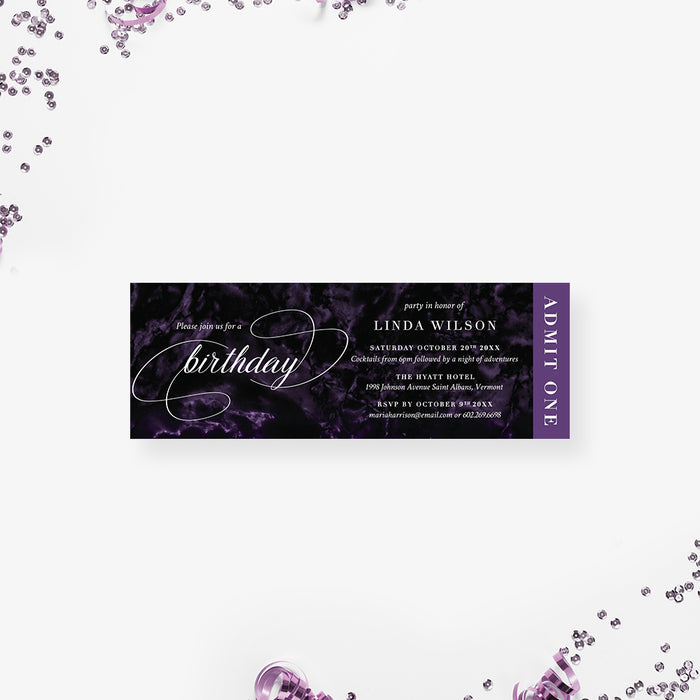 Elegant Birthday Ticket Invitation with Dark Purple Marble Design, Ticket for Adult Birthday Bash, Ticket Invites for Birthday Dinner Party with Beautiful Typography