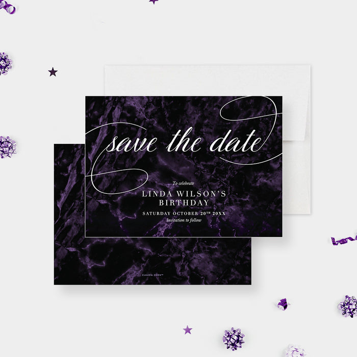 Elegant Birthday Save the Date Card with Dark Purple Marble Design, Save the Dates for Adult Birthday Party with Beautiful Typography