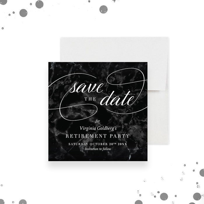 Retirement Party Save the Date Card with Black Marble Design, Elegant Retirement Luncheon Save the Dates