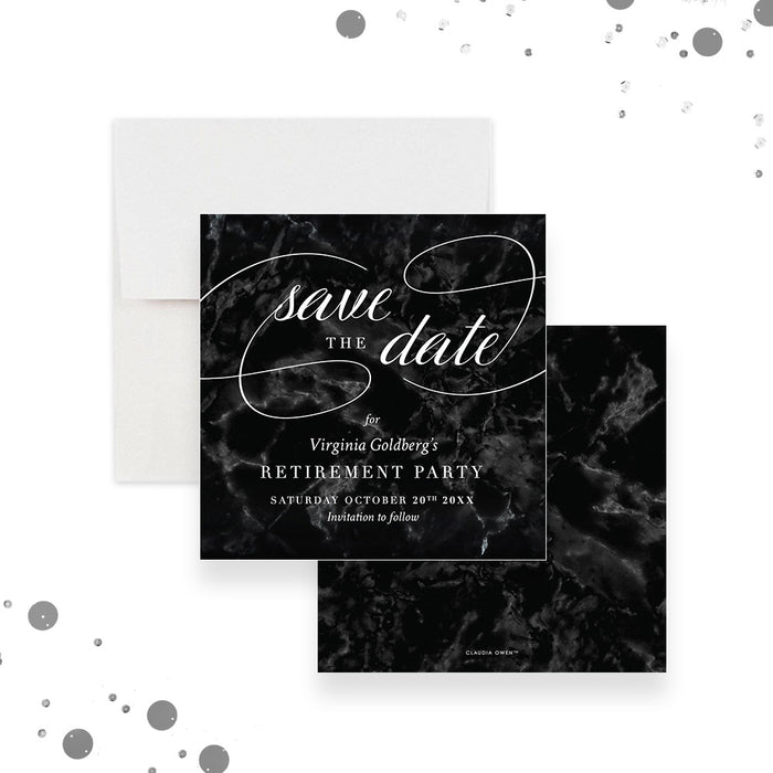 Retirement Party Save the Date Card with Black Marble Design, Elegant Retirement Luncheon Save the Dates