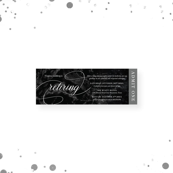 Retirement Party Ticket Invitation with Black Marble Design, Retirement Event Ticket Invites, Elegant Ticket  for Retirement Brunch Celebration, Retirement Open House Ticket