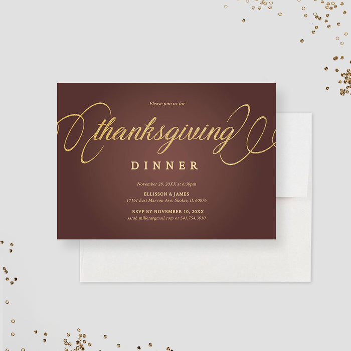 Elegant Thanksgiving Dinner Digital Invitation Template, Brown and Gold