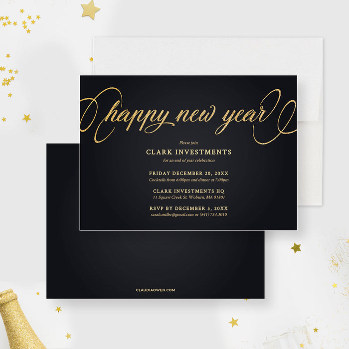 Countdown to Midnight, Stunning Black and Gold New Year's Eve Party Digital Template Invitation