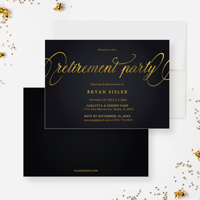 Celebrate Your Career, Stylish Black and Gold Retirement Party Digital Template Invitation