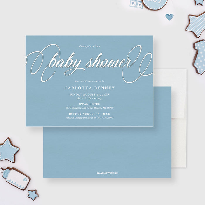 Sweet and Simple Light Blue and White Boy Baby Shower Invitation Digital Template