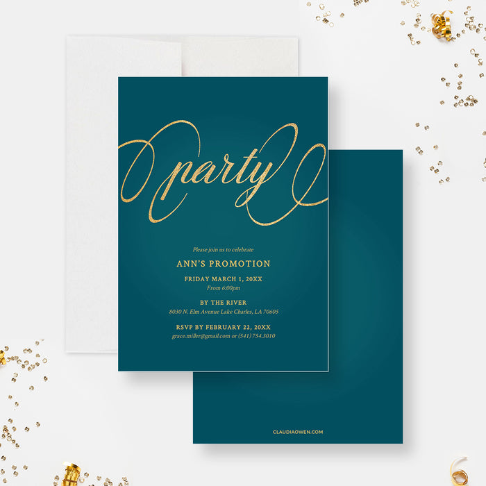 Job Promotion Party Invitation Card Digital Template, Work Promotion Celebration Invites in Teal and Gold