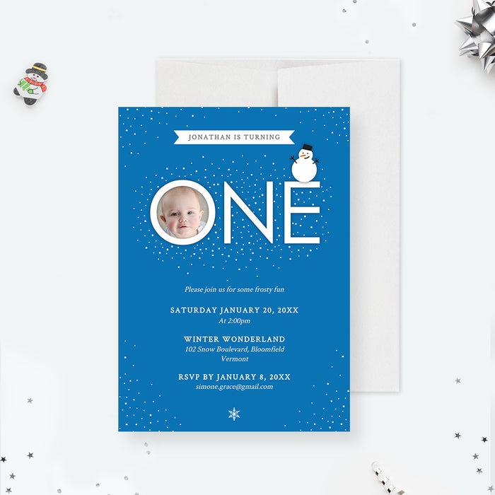 Make Your Kid's First Birthday a Blast with Our Snowy Blue and White Digital Template Invitation