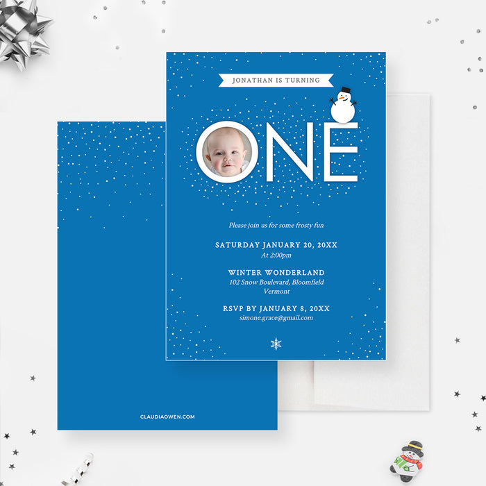 Make Your Kid's First Birthday a Blast with Our Snowy Blue and White Digital Template Invitation