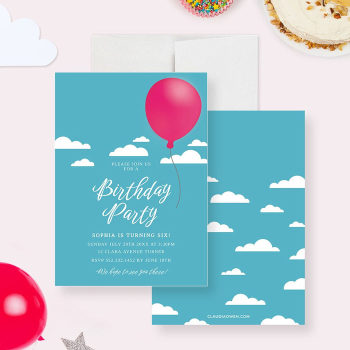 Balloon Birthday Party Invitation Digital Template, Kids Birthday Party with Pink Balloon