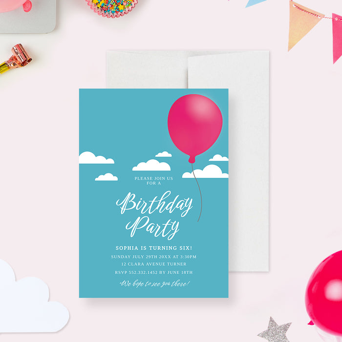 Balloon Birthday Party Invitation Digital Template, Kids Birthday Party with Pink Balloon