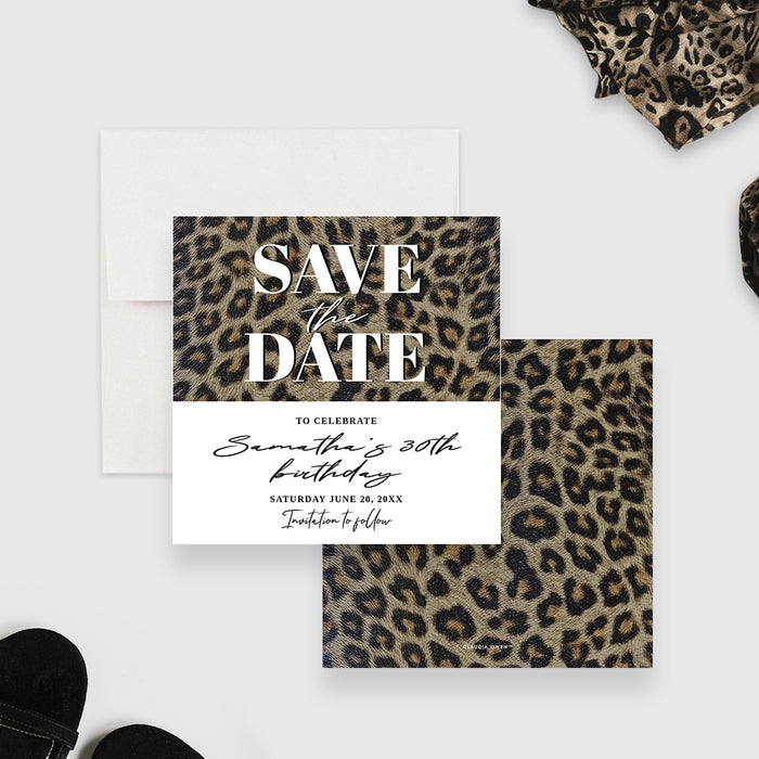 Leopard Print Save the Date Card for Wild Birthday Party, 30th 40th 50th 60th Adult Birthday Party Save the Dates, Thirtieth Birthday Bash for Women with Animal Print