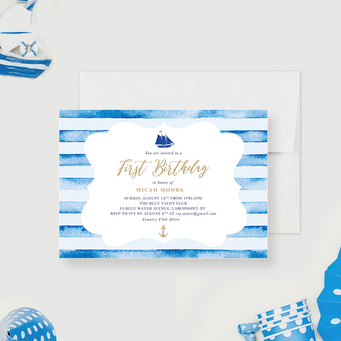Ahoy It's Your Little Sailor's First Birthday Party Invitation Card, Seaside Theme Birthday Invites