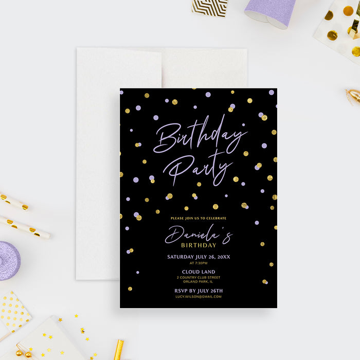 Digital Birthday Party Template with Gold and Purple Confetti, Chic and Glamorous