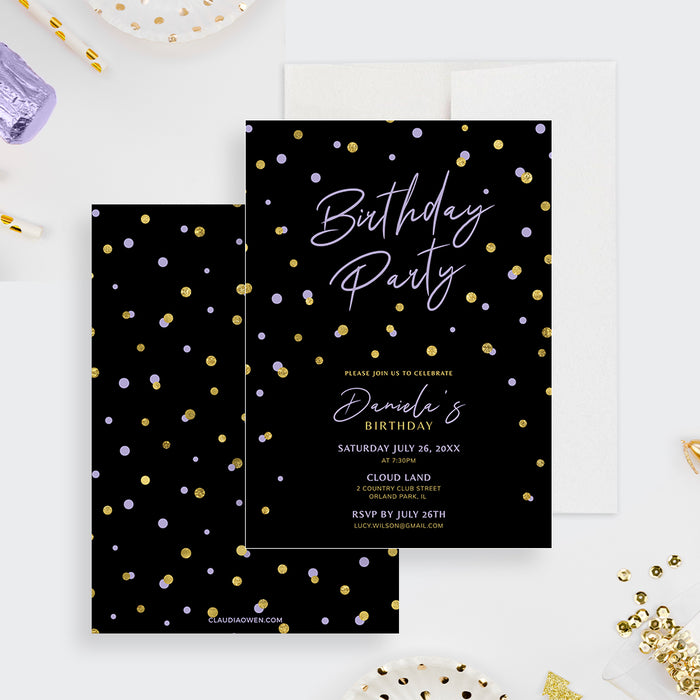 Digital Birthday Party Template with Gold and Purple Confetti, Chic and Glamorous