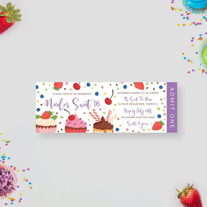 Admit One to a Sweet Celebration, Cupcake Birthday Ticket Party Invitation, Sweet Sixteen Invites