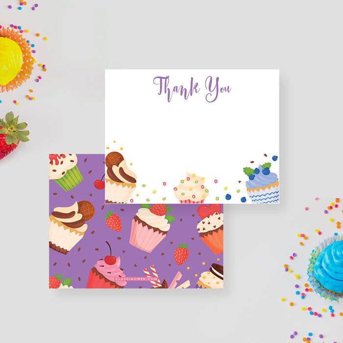 Sweet Thanks, Birthday Thank You Note Card with Colorful Cupcakes, Cute Stationery Cards