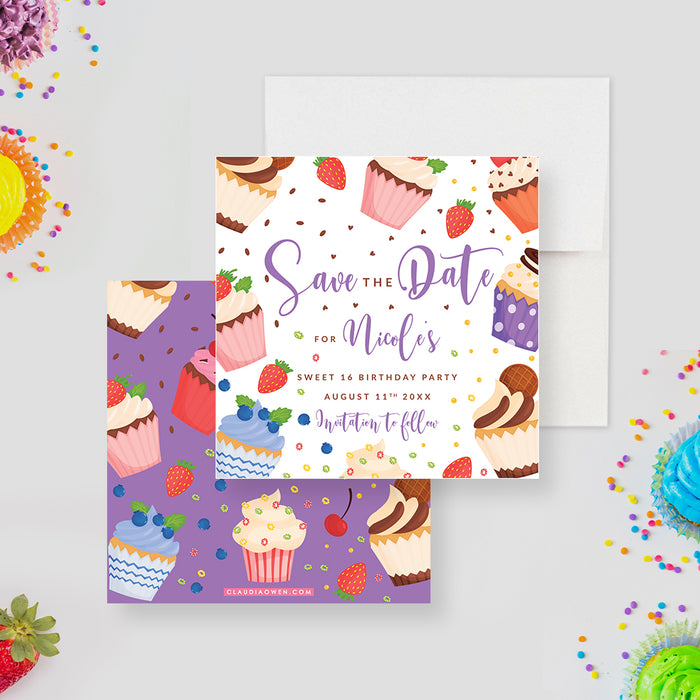 Colorful Cupcake Theme Chidrens Birthday Party Invitations, Sweet 16 Birthday Invites