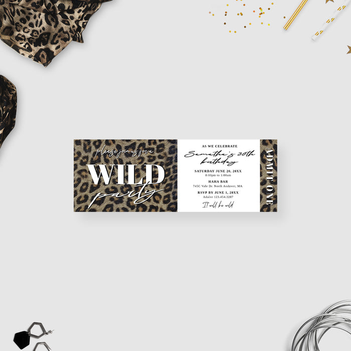 Leopard Print Ticket Card for Wild Birthday Party, 30th 40th 50th 60th Adult Birthday Party Ticket Invitations, Thirty Birthday Bash for Women with Animal Print