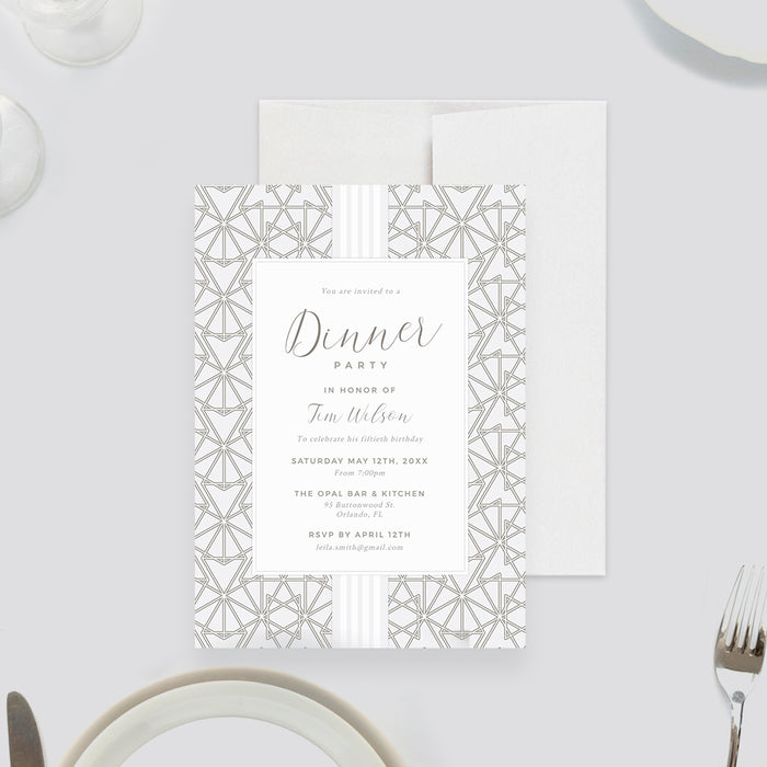 Geometric Glam, Beige and White Digital Template Invitation with Striking Abstract Design for Birthday Dinner Celebration