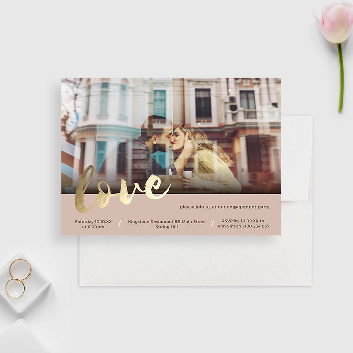 Classy Engagement Party Digital Invitation Template in Beige and Gold with Photo