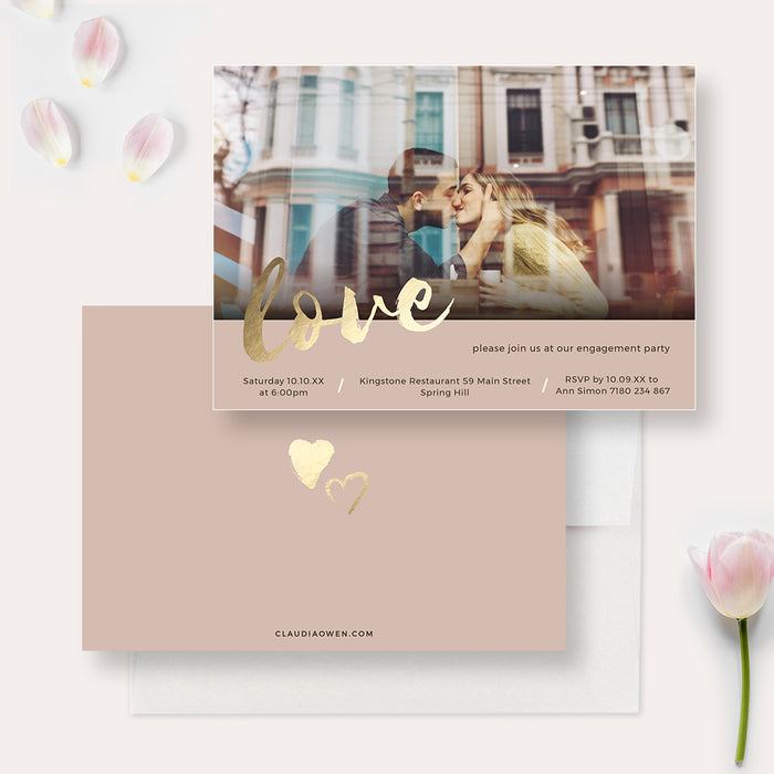 Classy Engagement Party Digital Invitation Template in Beige and Gold with Photo