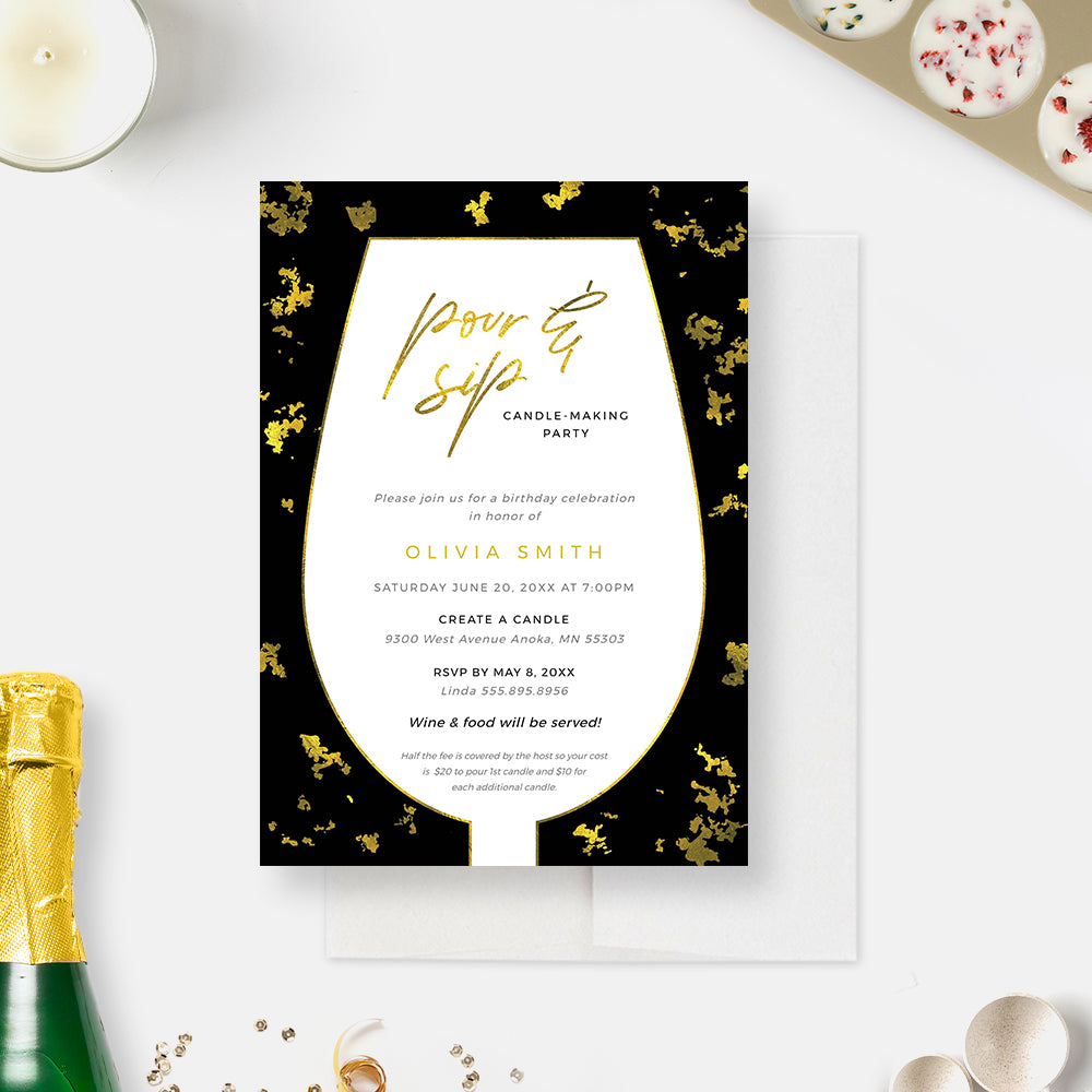 Pour and Sip Candle Making Birthday Digital Party Invitation Template,