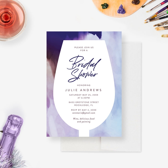 Wine Bridal Shower Invitation in Blue and Violet Shades, Vineyard Themed Bridal Shower