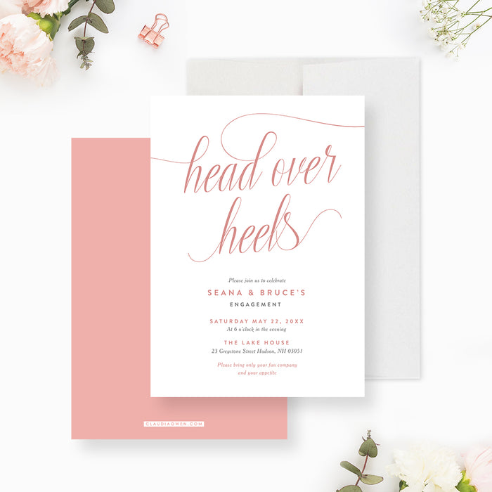 Head Over Heels Engagement Party Invites, Bridal Shower Invitation in White and Pink for the Bride-to-Be Celebration