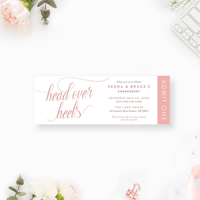 Elegant White and Pink Ticket Invitation Cards for Engagement Party, Bridal Shower Invites, Head Over Heels Wedding Ticket, Admit One