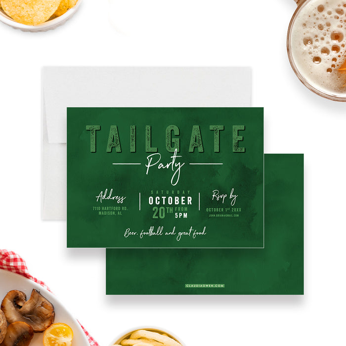 Game Day Party, Tailgate Party Extravaganza Invitation in Green and White