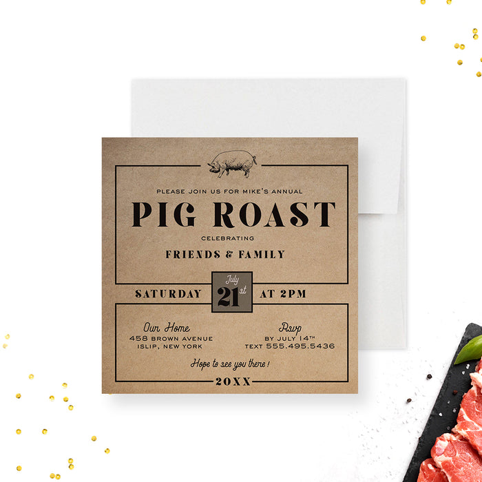 Pig Roast Birthday Invitation Card, Rustic Invitation for Hog Roast Barbeque Party, BBQ Party Invites