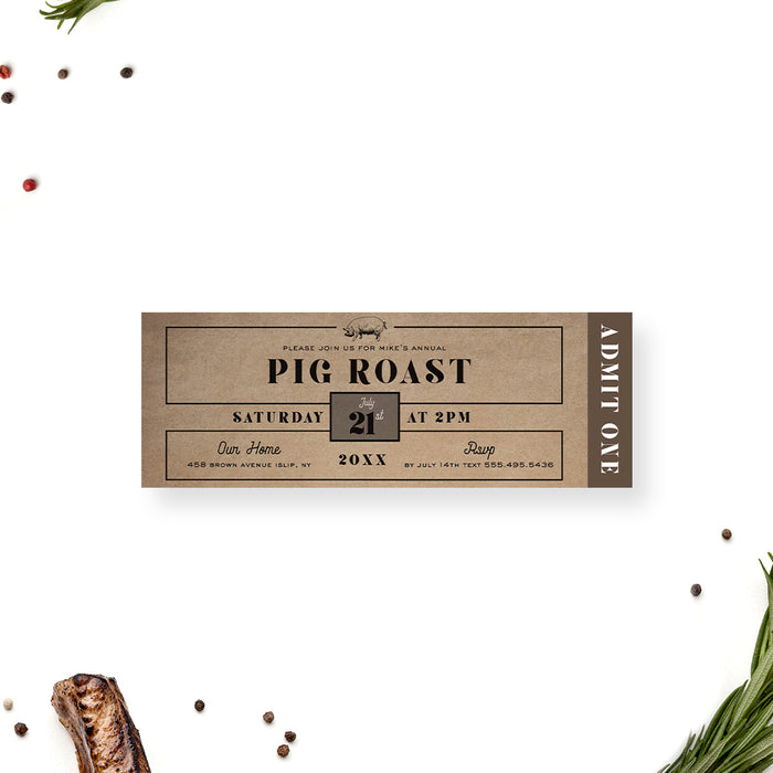 Pig Roast Birthday Ticket Invitation, Rustic Ticket Card for Hog Roast Barbeque Party, Ticket for Backyard Party, BBQ Party Ticket Invites