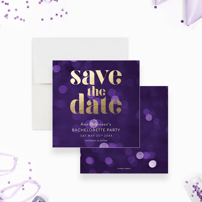 Save the Date Card Bachelorette Party with Pop the Bubbly Theme, Purple and Gold Save the Date for Bridal Shower Printed Save the Dates