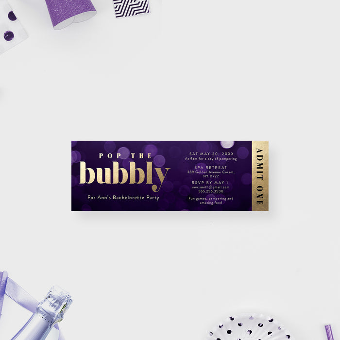 Pop the Bubbly Ticket Invite Cards for Bachelorette Party, Bridal Shower Printed Ticket in Purple and Gold, Bach Party Ticket Invitation