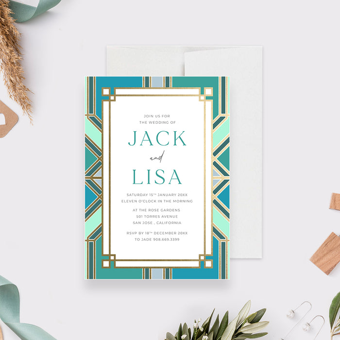 Elegant Gold and Teal Abstract Wedding Invitation Cards, Rehearsal Dinner Invitations, Geometric Marriage Invites