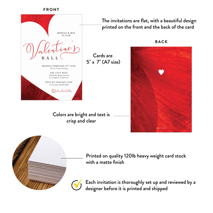 Red Invitation Card for Valentines Day Ball Party with Hearts, Love Day Celebration, Invitation for Romantic Occasions, Wedding Anniversary Invitation