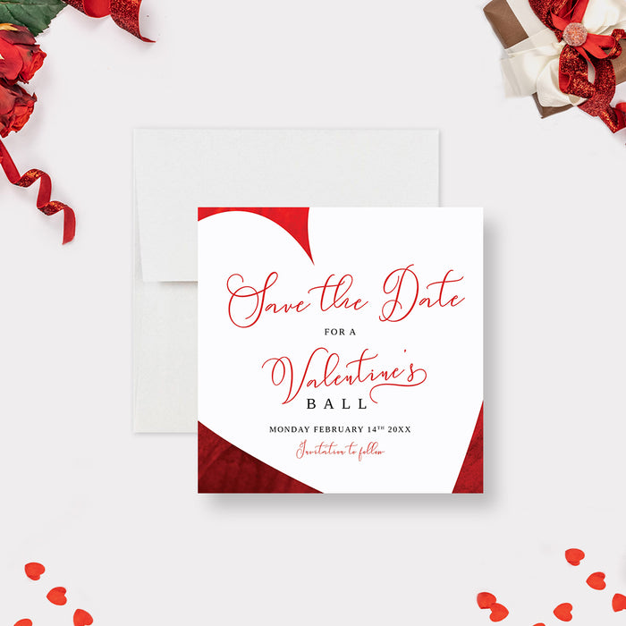 Red Save the Date Card for Valentines Day Ball Party with Love Heart, Save the Dates for Romantic Celebration, Wedding Anniversary Save the Date