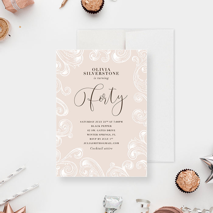 40th Birthday Party Invitation with Elegant Swirls, Fortieth Wedding Anniversary Celebration, Forty Fifty Sixty Seventy Eighty Years and Beyond