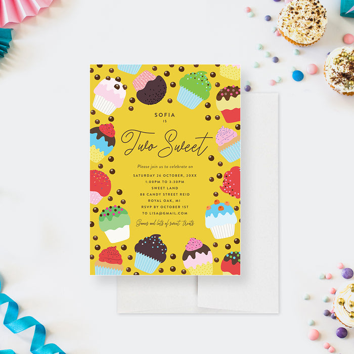 Two Sweet Birthday Party Invitation Card, Cute Cupcake Invites for Sweet 16 Celebration, Cake Decoration Party, Baking Birthday Party