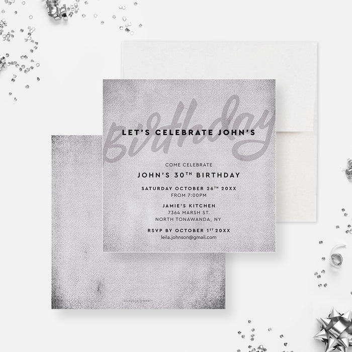 Modern Gray Invitation Card for Mens Birthday Party, Minimalist Invites for Him, Masculine Party Invitation for Husband, Birthday Dinner Invitation