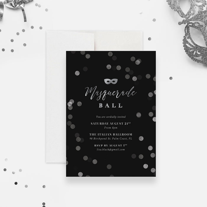 Elegant Masquerade Ball Invitation Card with Gray Bokeh Lights, Black and Silver Gala Invites, Corporate Masked Ball Invitations, Masquerade Prom Invitations