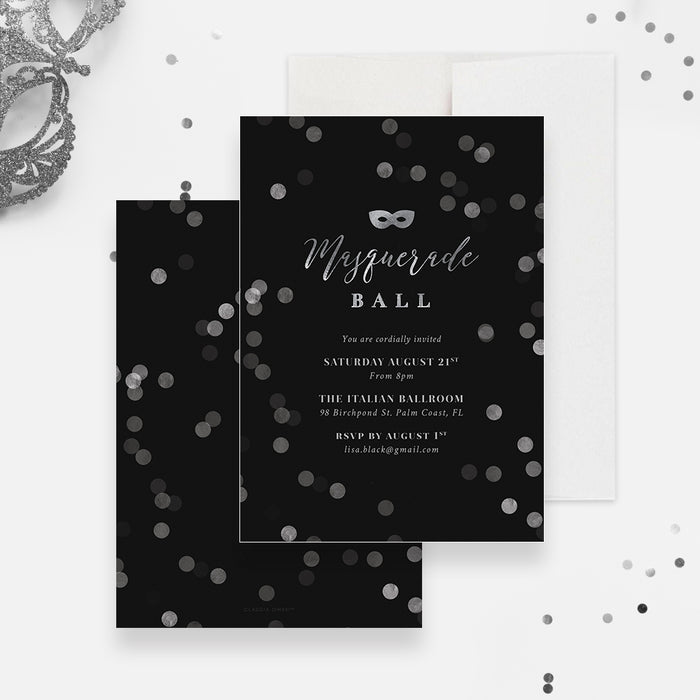 Elegant Masquerade Ball Invitation Card with Gray Bokeh Lights, Black and Silver Gala Invites, Corporate Masked Ball Invitations, Masquerade Prom Invitations