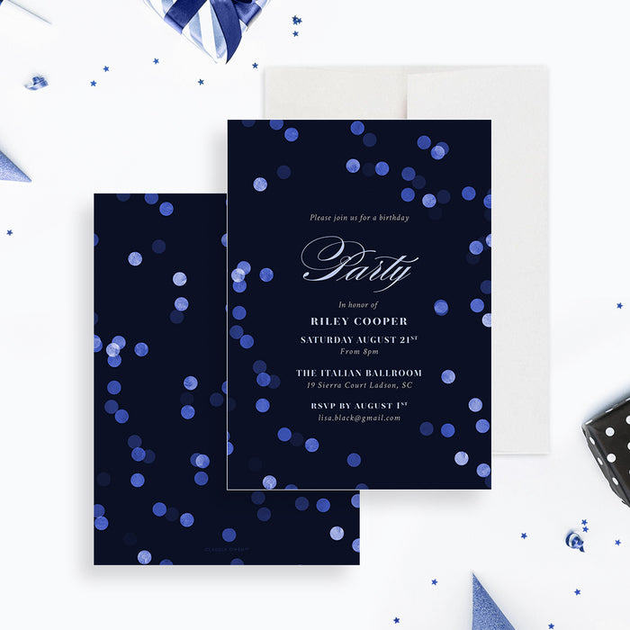 Elegant Birthday Party Invitation Card for Adults, Gala Invites with Blue Bokeh Lights, Corporate Appreciation Dinner Event Invitations