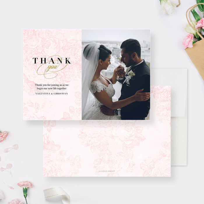 Thank You Photo Card Template, Wedding Thank You Card Printable Digital Download, Blush Pink Vintage Rose Illustration